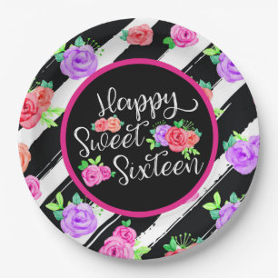 Sweet 16 Girl Edgy Roses & Modern Stripes Birthday Paper Plate