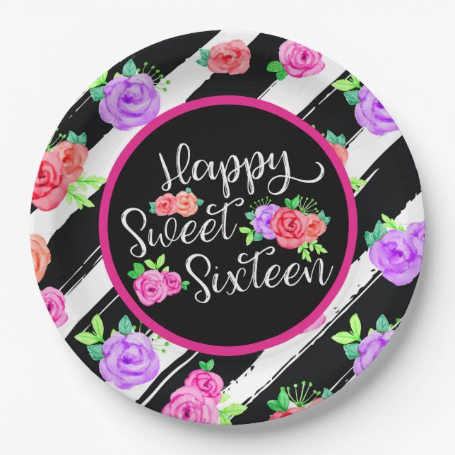 Sweet 16 Girl Edgy Roses & Modern Stripes Birthday Paper Plate (Front)
