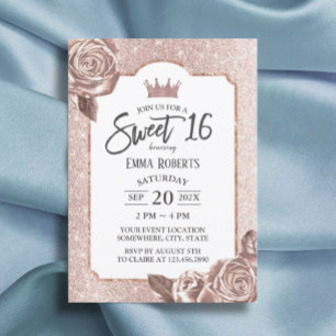 Sweet 16 Girly Blush Rose Gold Glitter Floral Invitation