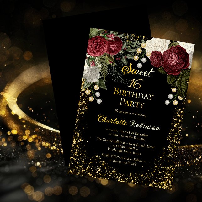 Sweet 16 Glam Burgundy Rose Floral Birthday Party (Sweet 16 Glam Burgundy Rose Floral Birthday Party Gold Foil Invitation)