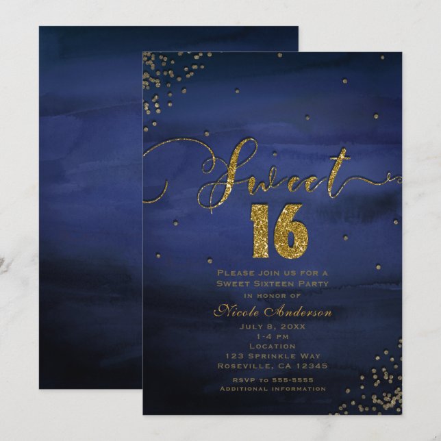SWEET 16 Glam Modern Watercolor Blue & Gold Party Invitation (Front/Back)