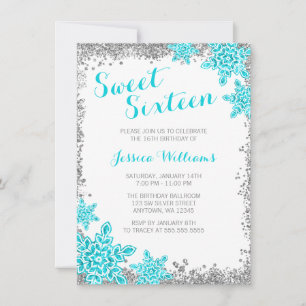 Sweet 16 Glam Winter Wonderland Silver Aqua Invitation