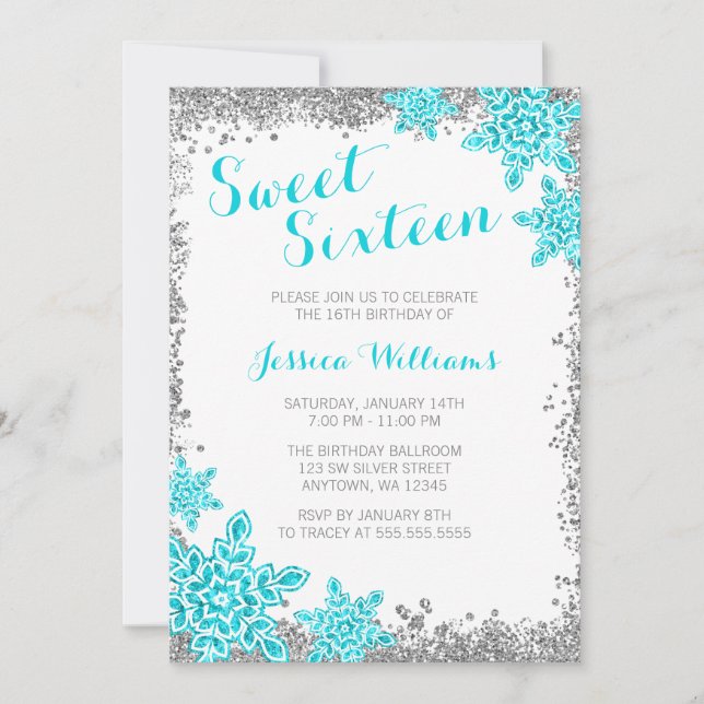 Sweet 16 Glam Winter Wonderland Silver Aqua Invitation (Front)