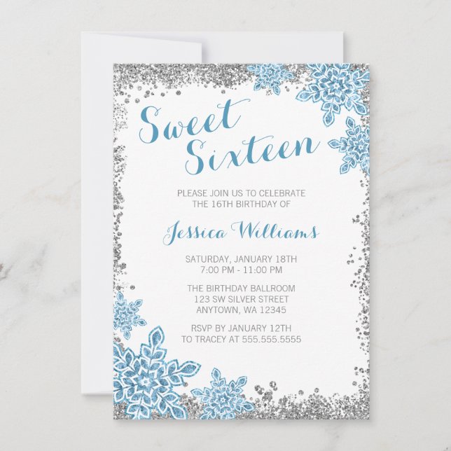 Sweet 16 Glam Winter Wonderland Silver Blue Invitation (Front)