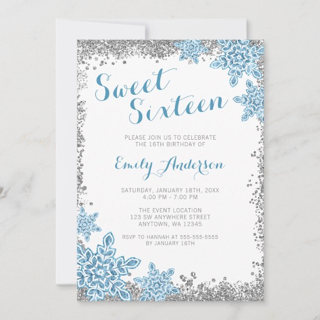 Sweet 16 Glam Winter Wonderland Silver Blue Invitation (Front)