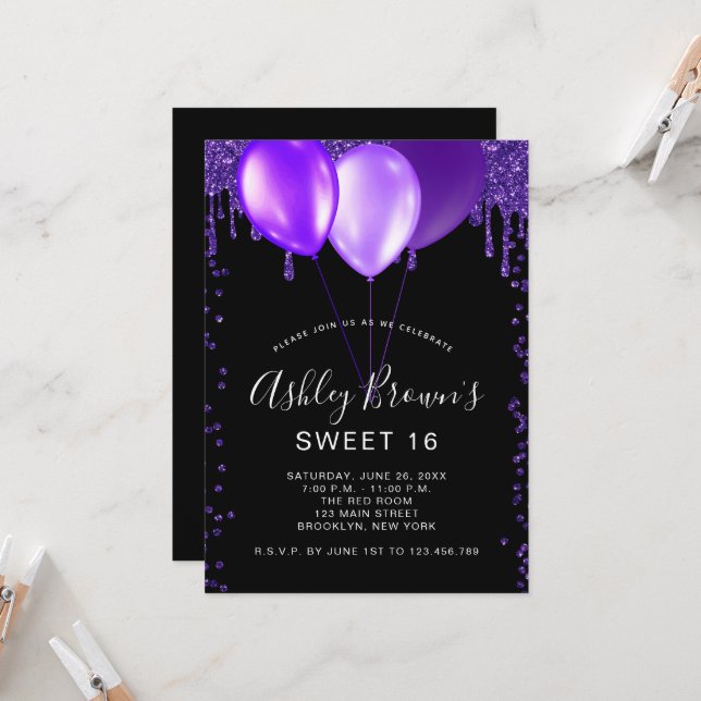 Sweet 16 Glamour Black Purple Glitter Balloons Invitation (Front/Back In Situ)