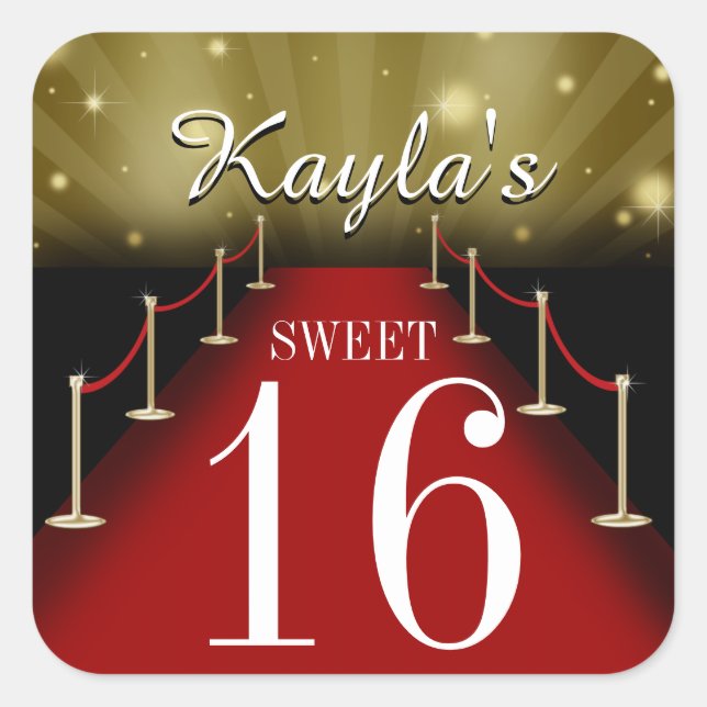 Sweet 16 Glamourous Red Carpet Party Favour Sticke Square Sticker (Front)