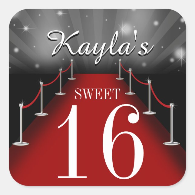 Sweet 16 Glamourous Red Carpet Party Favour Sticke Square Sticker (Front)
