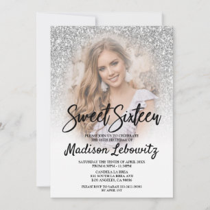 Sweet 16 Glamourous Silver Glitter Photo Invitatio Invitation