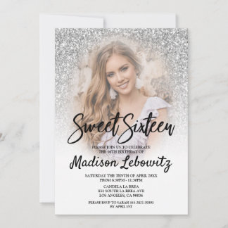 Sweet 16 Glamourous Silver Glitter Photo Invitatio Invitation