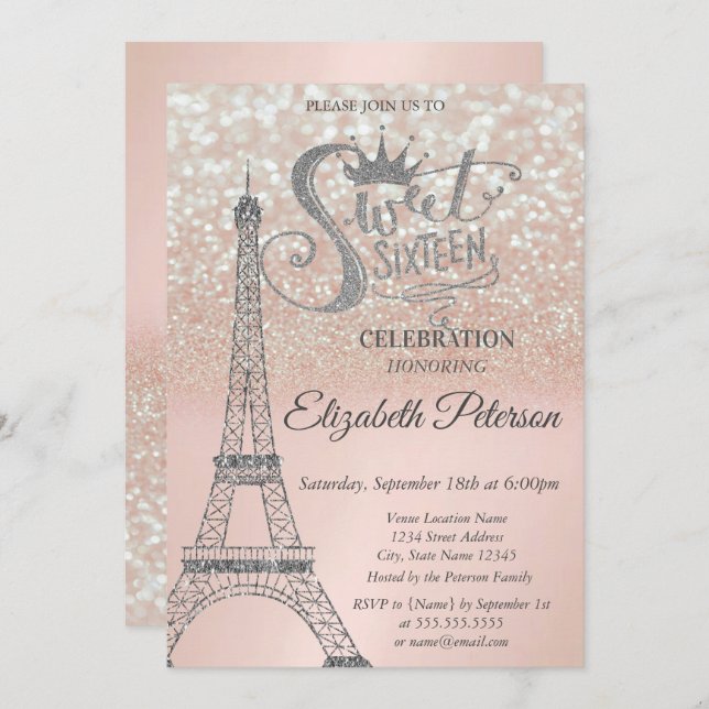Sweet 16 Glitter Bokeh Ombre,Eiffel Tower Sweet 16 Invitation (Front/Back)