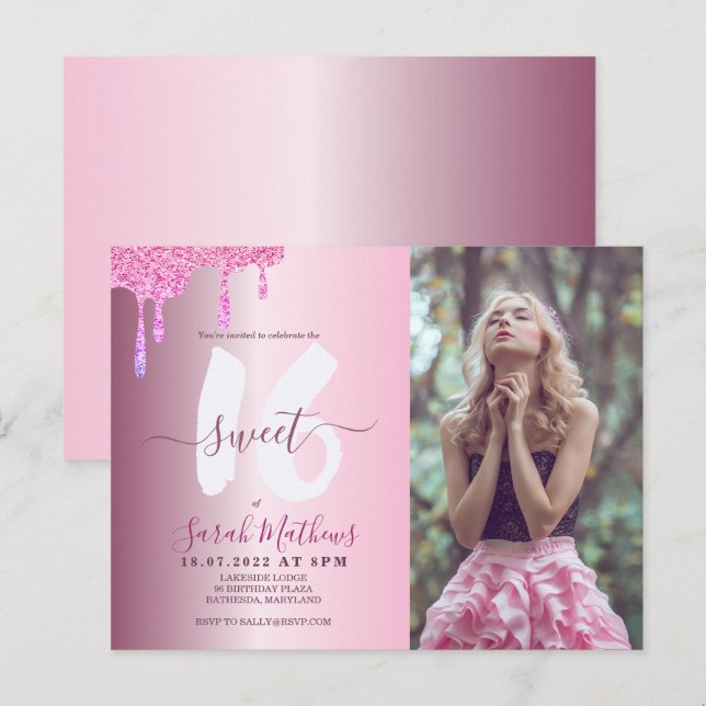 Sweet 16 Glitter Drips Blush Pink Metallic Photo  Postcard (Front/Back)