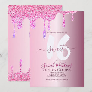 Sweet 16 Glitter Drips Pink Metallic Birthday Invi Invitation