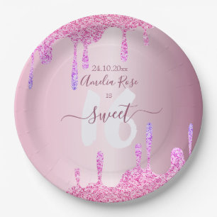 Sweet 16 Glitter Drips Pink Metallic Birthday  Paper Plate