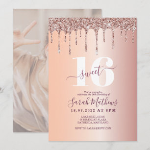 Sweet 16 Glitter Drips Rose Gold  Birthday   Invitation