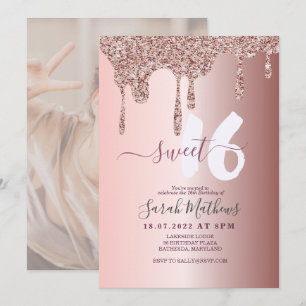 Sweet 16 Glitter Drips Rose Gold Birthday Invitation