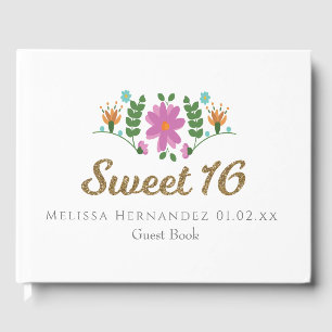 Sweet 16 Glitter Floral Mexican Flower Guest Book