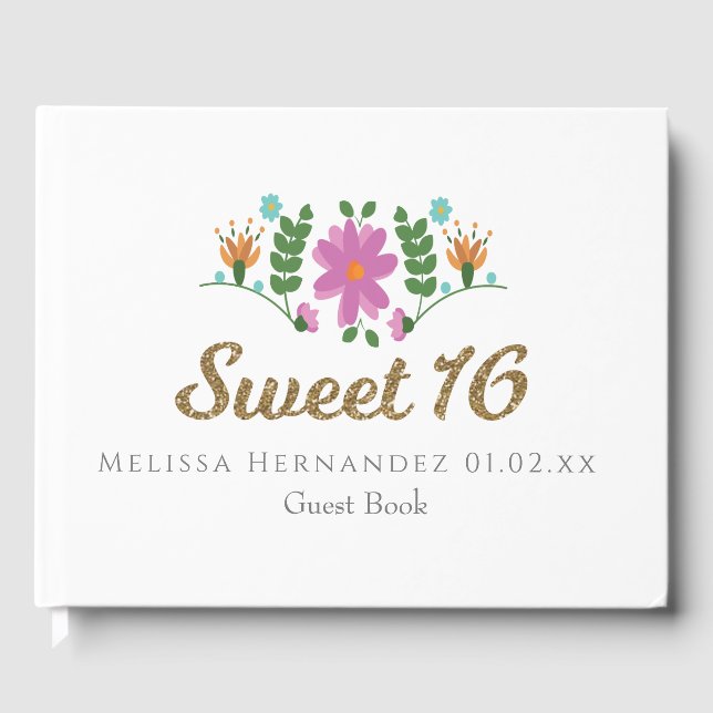 Sweet 16 Glitter Floral Mexican Flower Guest Book (Front)