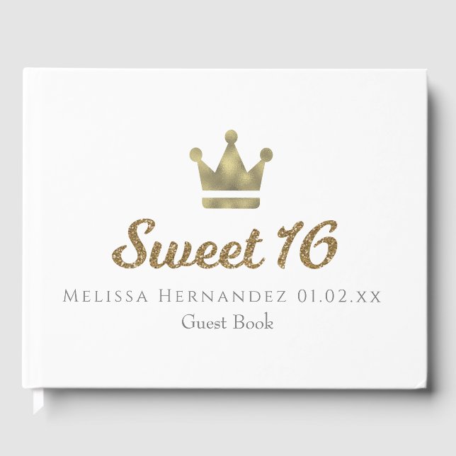 Sweet 16 Glitter Gold Crown Princess Guest Book (Front)