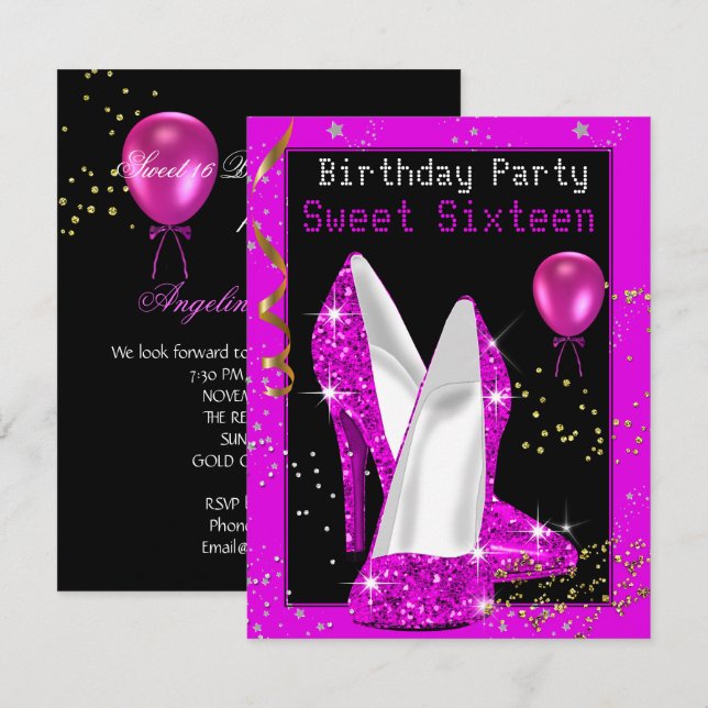 Sweet 16 Glitter Hot Pink Black Birthday Party Invitation (Front/Back)