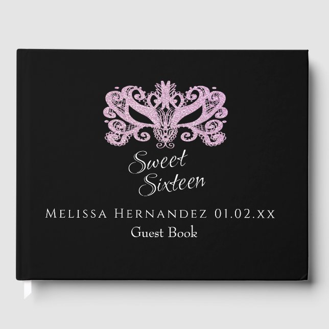 Sweet 16 Glitter Pink Masquerade Party Guest Book (Front)