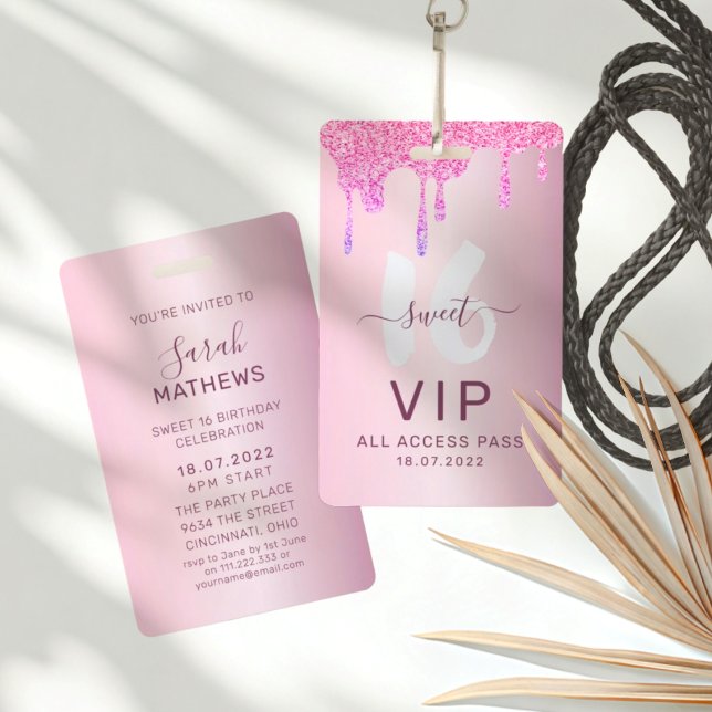 Sweet 16 Glitter Pink VIP Birthday Invitation ID Badge (Creator Uploaded)