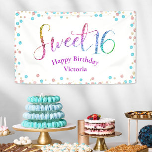 Sweet 16 Glitter Rainbow Confetti Modern Birthday Banner