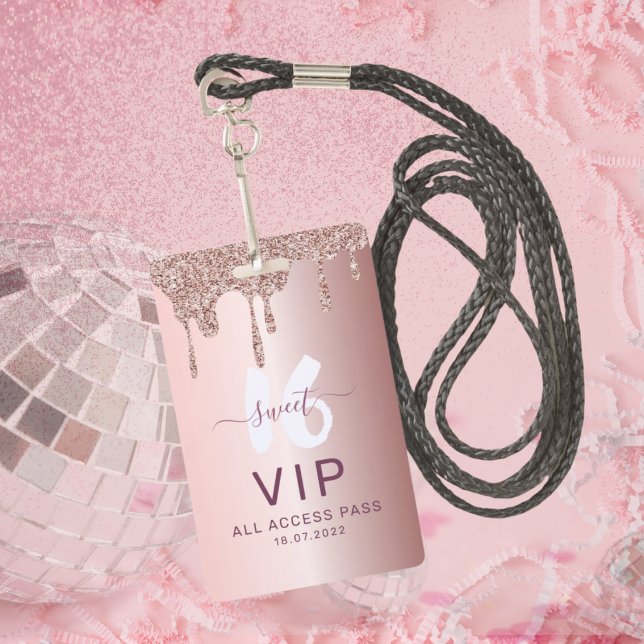 Sweet 16 Glitter Rose Gold Birthday Invitation ID Badge (Creator Uploaded)