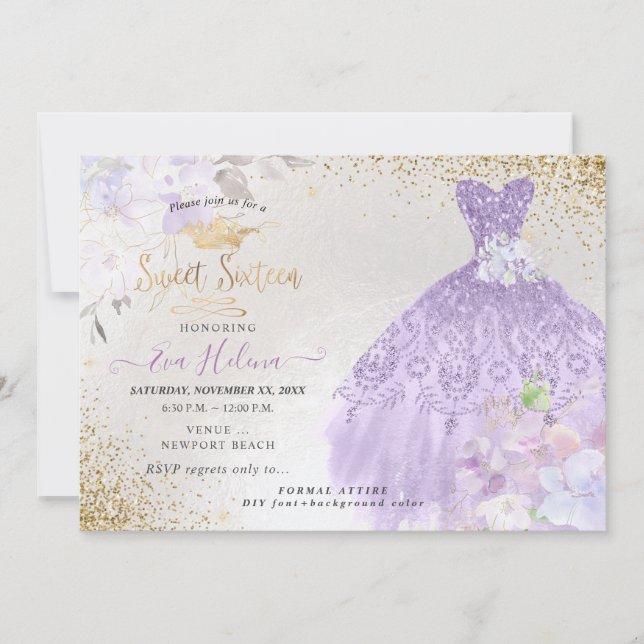 Sweet 16 Glitters Gown Dusty Purple Lilac Gold Invitation (Front)