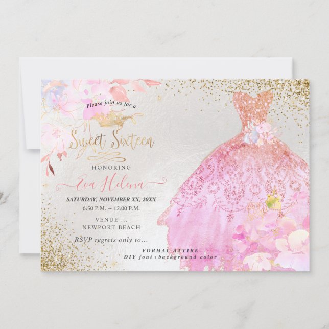 Sweet 16 Glitters Gown Ombre Pink Gold Invitation (Front)