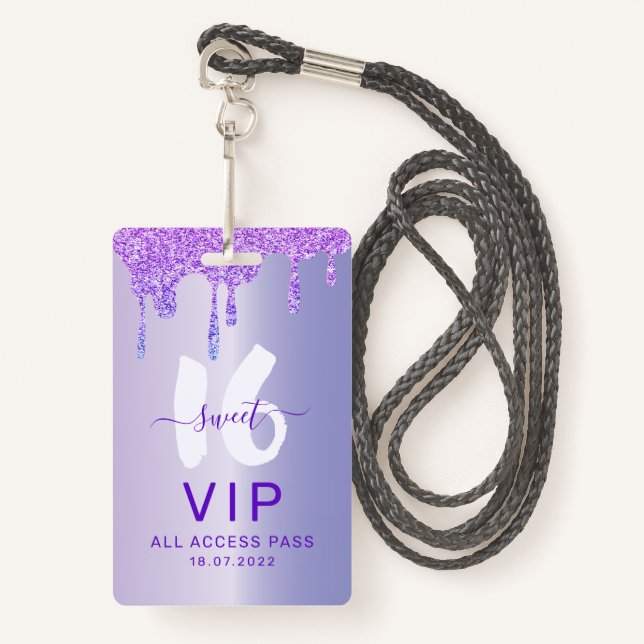 Sweet 16 Glittery Purple Drips Birthday Invitation ID Badge (Front with Lanyard)