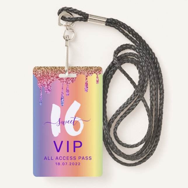 Sweet 16 Glittery Rainbow Birthday Invitation ID Badge (Front with Lanyard)