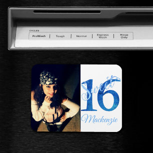 Sweet 16   Glitzy Blue Glam Typography and Photo Magnet