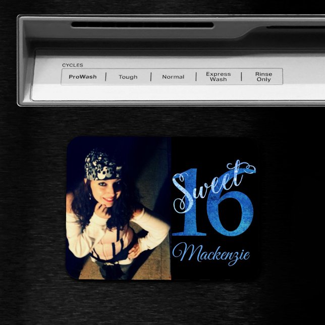 Sweet 16 | Glitzy Blue Glam Typography and Photo Magnet (Creator Uploaded)