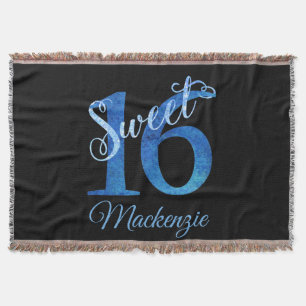 Sweet 16 Glitzy Blue Glam Typography Name Throw Blanket