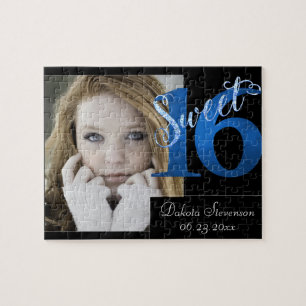 Sweet 16   Glitzy Blue Glam Typography Script Jigsaw Puzzle
