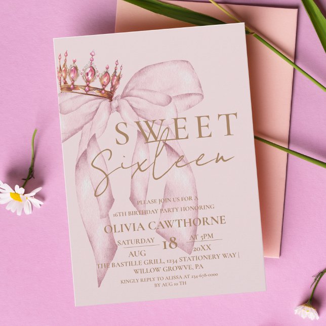  Sweet 16 Gold and Blush Pink Bow Birthday  Invitation (Creator Uploaded)