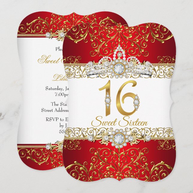 Sweet 16 Gold Diamond Red Glamour Birthday Invitation (Front/Back)