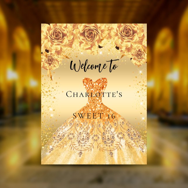 Sweet 16 gold dress roses party welcome poster (Creator Uploaded)