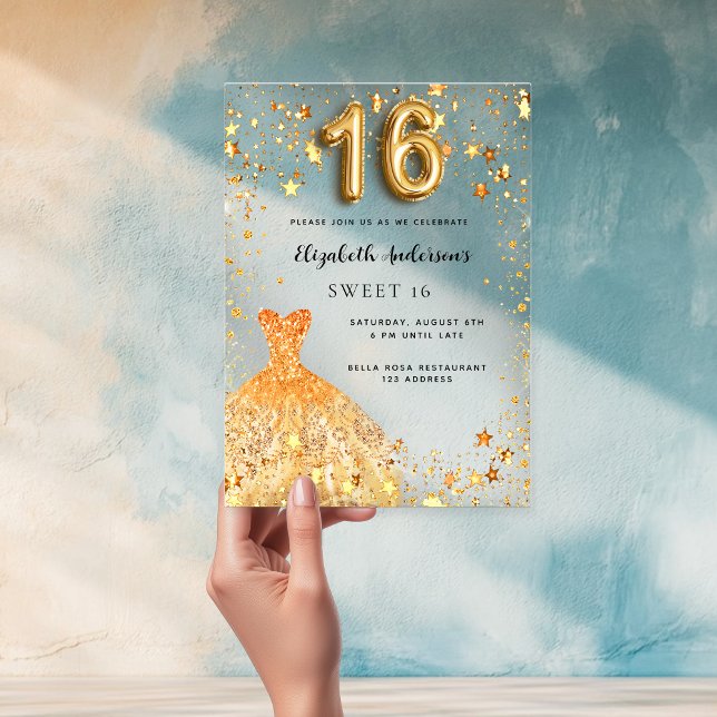 Sweet 16 gold dress stars clear acrylic invitations (Creator Uploaded)
