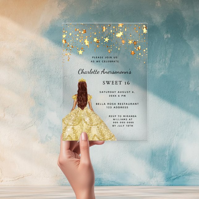 Sweet 16 gold dress stars clear acrylic invitations (Creator Uploaded)
