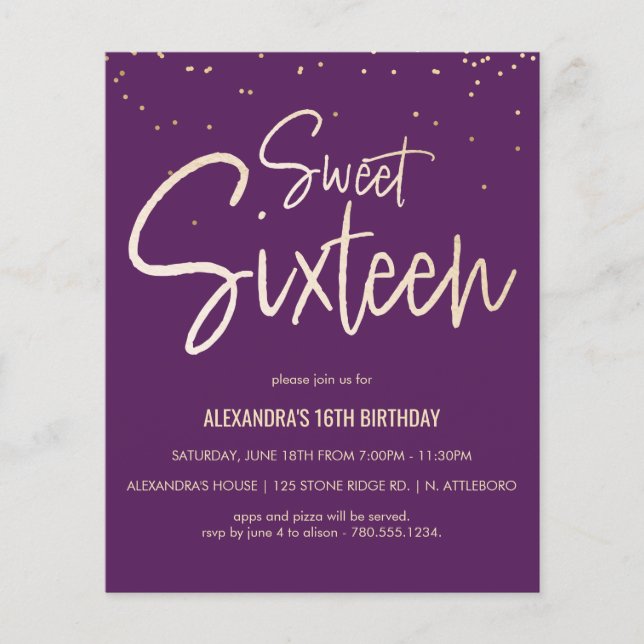 Sweet 16 Gold, Elegant, Simple Party Invite (Front)