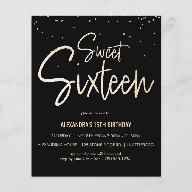 Sweet 16 Gold, Elegant, Simple Party Invite (Front)