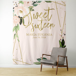 Sweet 16 Gold Foil Blush Pink Floral Backdrop Tapestry