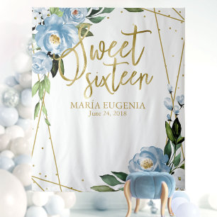 Sweet 16 Gold Foil Dusty Blue Floral Backdrop Tapestry