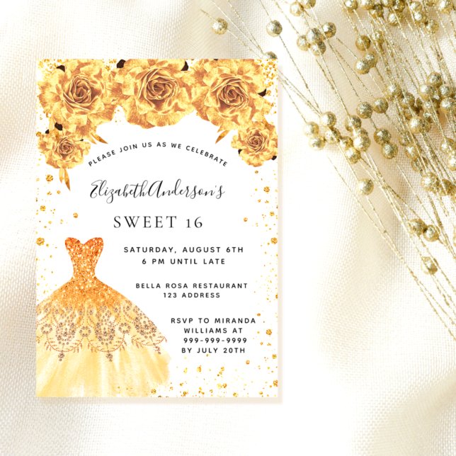 Sweet 16 gold glitter dress floral glamourous invitation (Creator Uploaded)