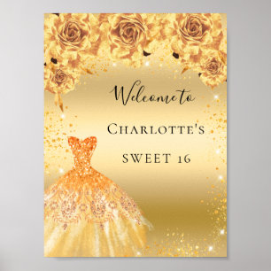 Sweet 16 gold glitter dress florals welcome poster
