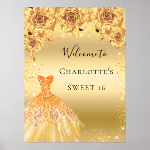 Sweet 16 gold glitter dress florals welcome poster