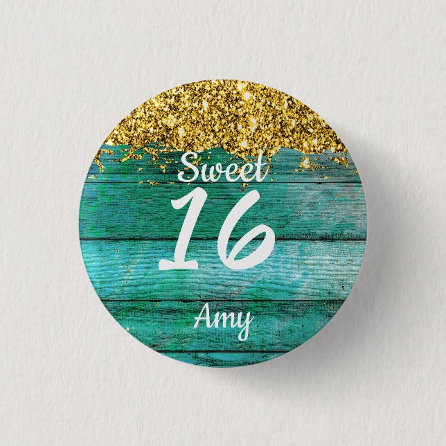 Sweet 16 Gold Glitter Girly Turquoise Name 3 Cm Round Badge (Front)