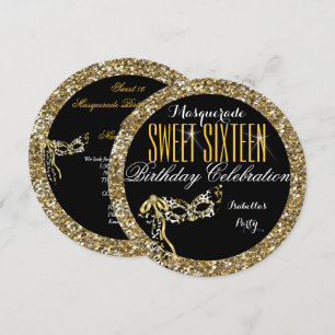 Sweet 16 Gold Glitter Mask Masquerade Birthday Invitation